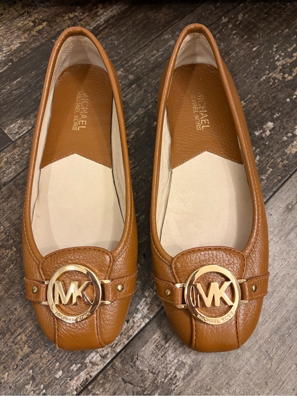 Michael Kors Cognac Leather MK Logo Slip-On Flats